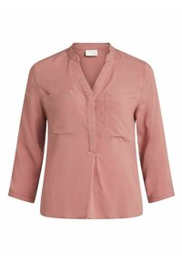 Blusa a maniche lunghe di un rosa polveroso con due tasche sul petto, scollatura a V con colletto corto e vestibilità rilassata.