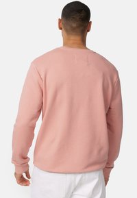 Sudadera rosa claro con cuello redondo y mangas largas. Presenta una textura suave y un corte relajado. Parte posterior lisa sin adornos.
