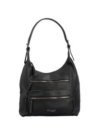 Sac à bandoulière en cuir noir avec trois poches zippées, texture lisse et sangle robuste. Présente un logo en relief en bas.