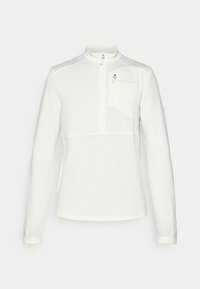 Pull-over blanc à manches longues avec une fermeture éclair quart, en tissu texturé et une petite poche sur la poitrine. Il présente un col haut et un détail de logo discret.