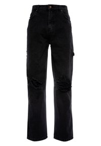 Black denim jeans with a loose fit, featuring distressed rips on the front, five pockets, and a button closure at the waist.