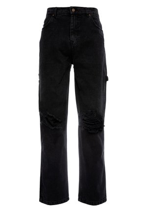 Black denim jeans with a loose fit, featuring distressed rips on the front, five pockets, and a button closure at the waist.