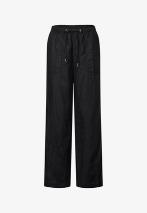 Zwarte linnen broek met wijd uitlopende pijpen, een elastische tailleband en een trekkoord, voorzien van twee zijzakken en een gladde textuur.