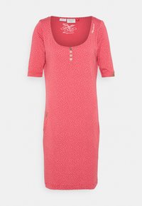 Vestido vermelho com bolas brancas, mangas curtas, decote redondo e detalhes em botão. Apresenta dois bolsos laterais e etiqueta de tecido na lateral.