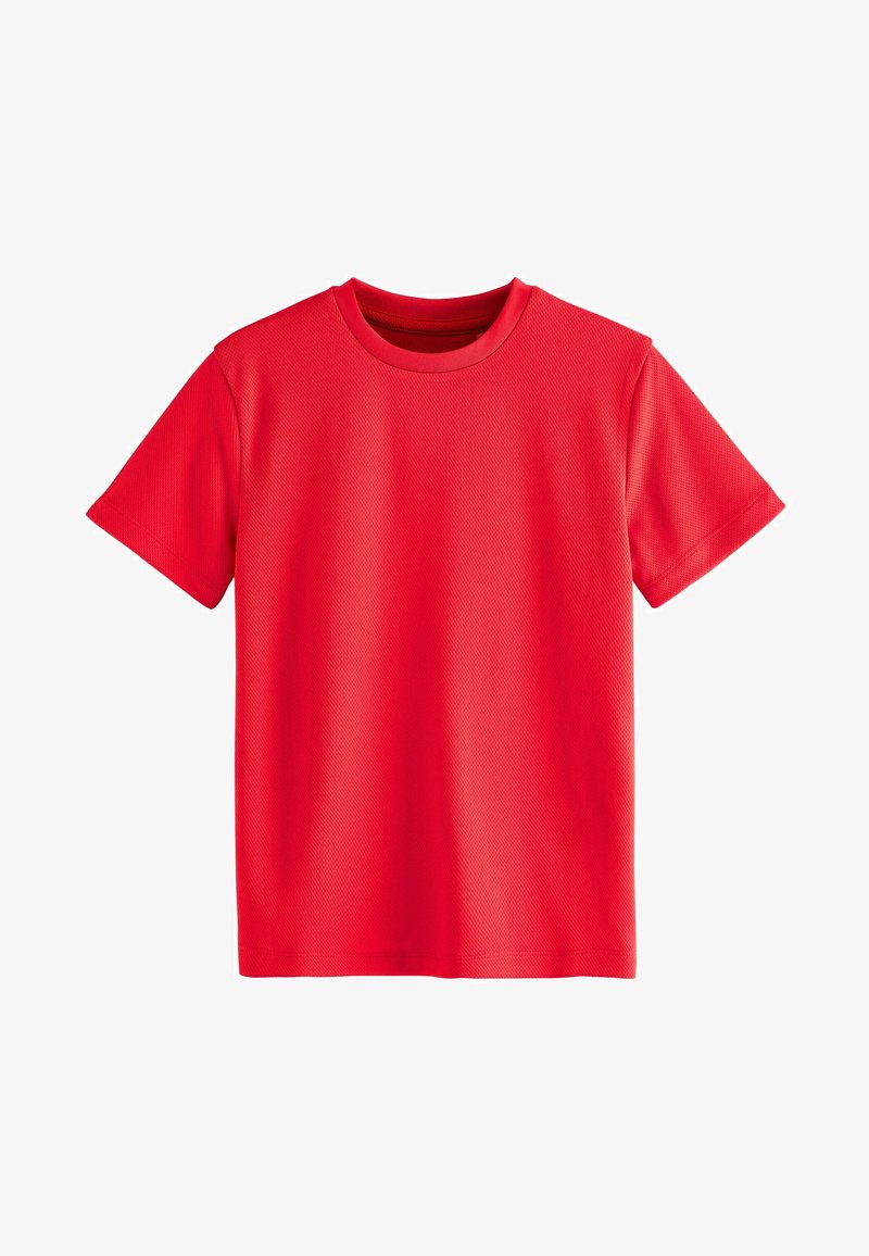 Rød kortærmet t-shirt lavet af tekstureret stof med en rund halsudskæring. Simpelt design, ingen grafik eller udsmykninger, glat kant.