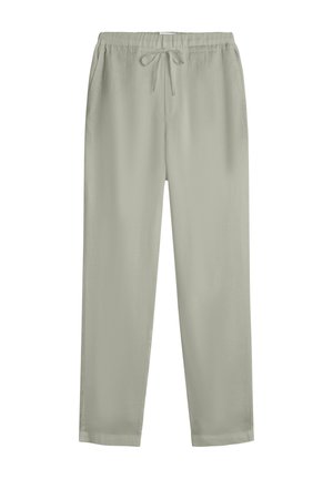 Pantaloni grigio chiaro a gamba dritta con vita elastica e cordoncino frontale, tasche laterali e tessuto liscio e morbido.