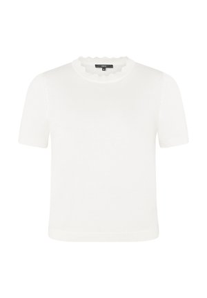 Witte ribgebreide top met korte mouwen, geschulpte ronde halslijn en een klein zwart label aan de binnenkant van de achterkraag.