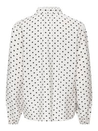 Hvid bluse med lange ærmer med sorte polkaprikker, samlet høj krave og lette folder ned ad ryggen.
