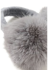 Gray fluffy earmuffs with dense fur texture and a padded headband on a white background.