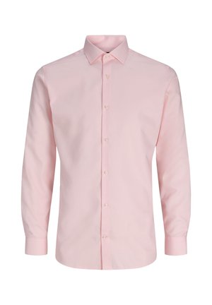 Light pink, long-sleeve button-up shirt in cotton fabric. Features a classic collar, button front, and standard cuffs. Smooth texture.