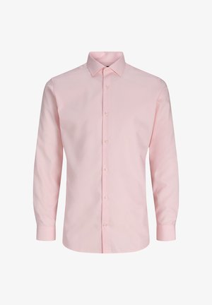 Light pink, long-sleeve button-up shirt in cotton fabric. Features a classic collar, button front, and standard cuffs. Smooth texture.