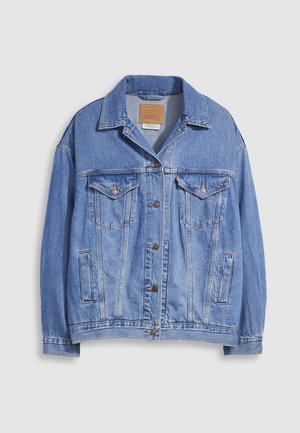 Light blue denim jacket with a shirt collar, button closure, two chest pockets, and side pockets. Distressed texture and branded label visible.