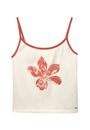 Witte tanktop met koraalkleurige randen en bloemenprint. Spaghetti-bandjes, zachte stof, heeft een groot bloemdessin in koraal aan de voorkant.