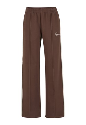 Brūnas plataji bikses ar baltām sānu svītrām un elastīgu jostu, ar mazu baltu logotipu augšējā kreisajā kājas pusē.
