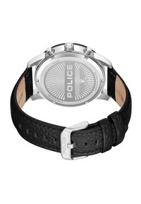 Sudraba nerūsējošā tērauda pulkstenis ar teksturētu melnu ādas siksniņu, kuram ir apaļš korpuss ar iegravētu "POLICE" un saules stara rakstu.