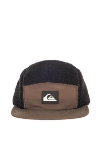 Brown cap with black textured fleece sides, a flat brim, and a gray rectangular brand patch featuring a logo on the front.
