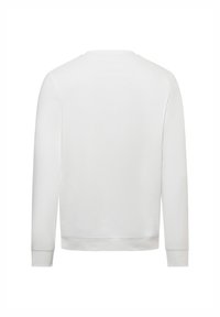 White sweatshirt featuring long sleeves, a crew neckline, and ribbed cuffs and hem. Smooth texture with a simple, solid color design.