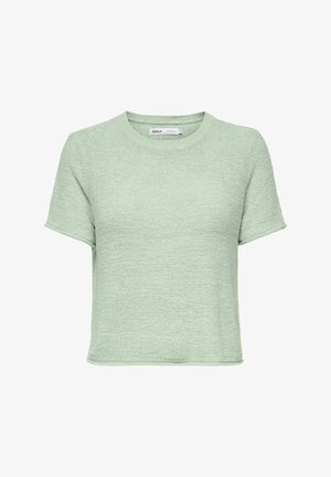 Lysegrøn kortærmet top lavet af tekstureret strikket stof. Har en rund halsudskæring og en afslappet, cropped pasform.