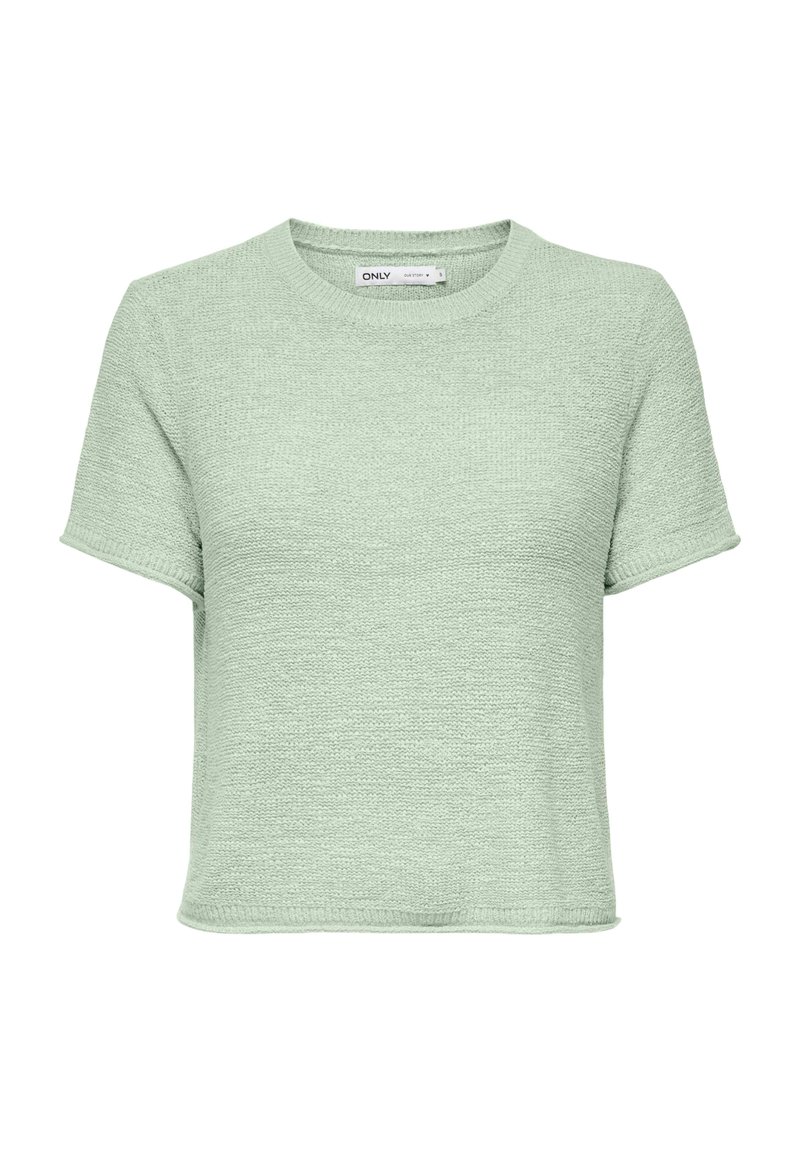 Haut vert clair à manches courtes en tissu maille texturé. Présente un col rond et une coupe décontractée et courte.