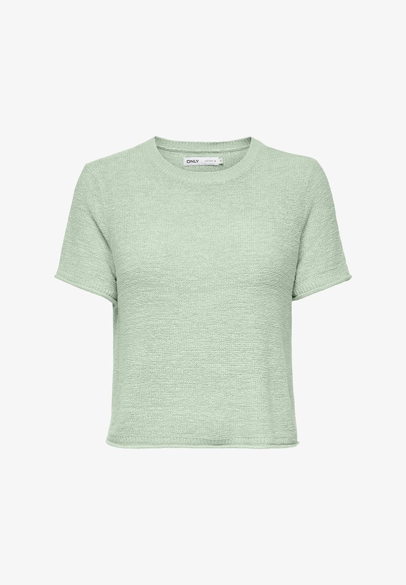 Haut vert clair à manches courtes en tissu maille texturé. Présente un col rond et une coupe décontractée et courte.