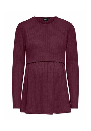 Haut de maternité à manches longues côtelé de couleur violet foncé avec un design superposé sur le devant et un col rond.