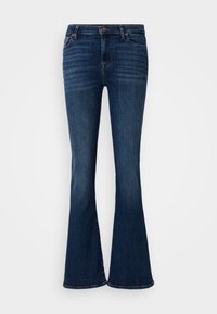 Flared mørkeblå jeans laget av denim, med et klassisk fem-lommer design og knappelukking foran. Glatt tekstur og skreddersydd passform.