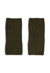 Polsini in lana verde a coste con una finitura testurizzata, caratterizzati da un design a bordo arricciato e una vestibilità aderente per comfort e caldo.