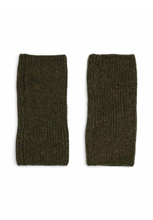 Polsini in lana verde a coste con una finitura testurizzata, caratterizzati da un design a bordo arricciato e una vestibilità aderente per comfort e caldo.