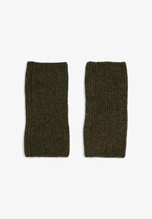 Polsini in lana verde a coste con una finitura testurizzata, caratterizzati da un design a bordo arricciato e una vestibilità aderente per comfort e caldo.