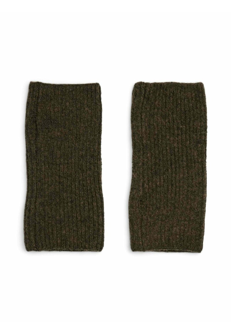 Polsini in lana verde a coste con una finitura testurizzata, caratterizzati da un design a bordo arricciato e una vestibilità aderente per comfort e caldo.