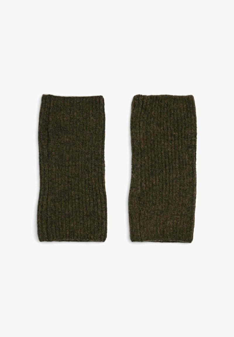 Polsini in lana verde a coste con una finitura testurizzata, caratterizzati da un design a bordo arricciato e una vestibilità aderente per comfort e caldo.