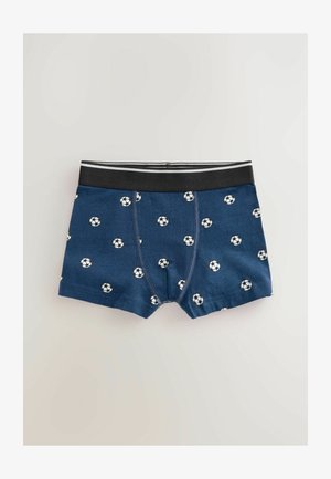 Tumedat sinised puuvillased bokserid, millel on korduv valge jalgpalli muster. Must elastne vöökoht valgete triipudega. Pehme, sile tekstuur.