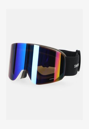 Skibril met een groot, gebogen blauwgetint lens, zwarte band en grijze schuimvulling. Voorzien van kleurrijke reflecterende accenten en een strak ontwerp.