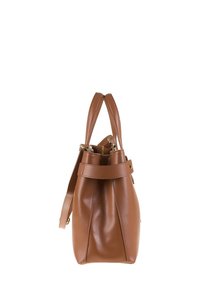 Borsa a mano in pelle marrone con forma strutturata, doppio manico superiore, tracolla rimovibile e dettaglio a girello all'apertura.