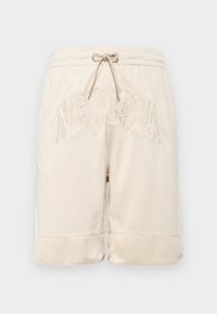Beige mesh shorts with a textured surface, featuring a drawstring waist and "NEWERA" logo prominently stitched on the front.