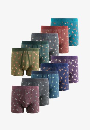 Tíz pár férfi boxeralsó különböző színekben, mindegyiken más-más állatmintákkal, például kacsákkal, mókusokkal, szarvasokkal és békákkal.