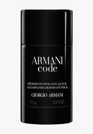 Musta sylinterin muotoinen deodoranttitanko, jossa lukee "Armani Code" Giorgio Armanin merkiltä, alkoholittoman, 75 g (2,6 oz) valkoisella taustalla.