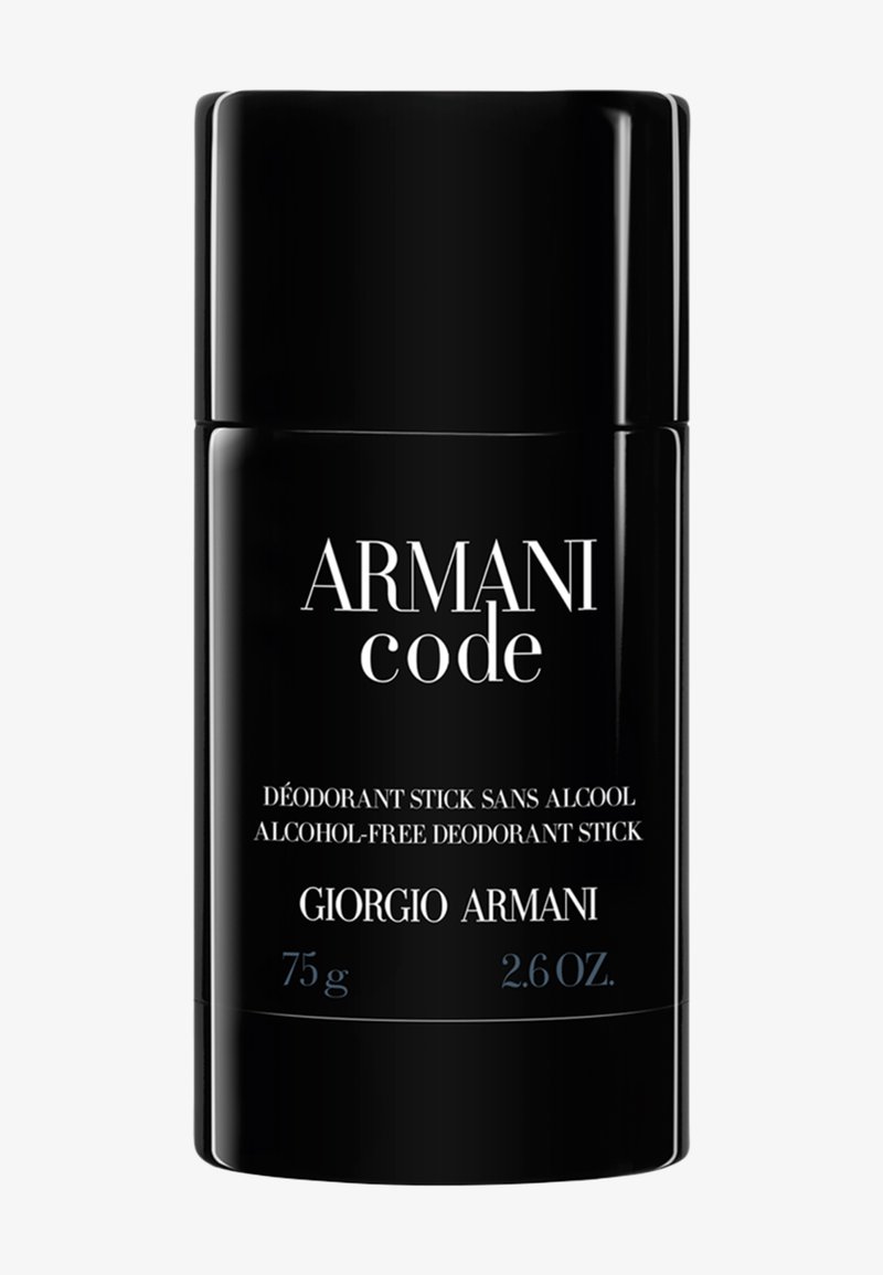 Bâton déodorant cylindrique noir étiqueté "Armani Code" de Giorgio Armani, sans alcool, 75g (2,6 oz) sur fond blanc.