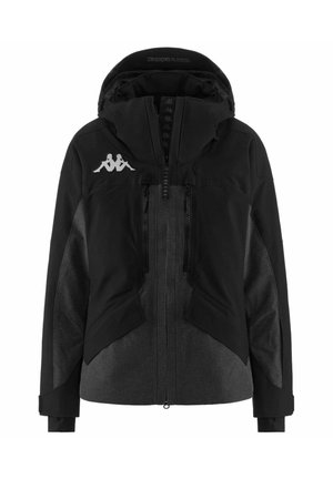 Giacca nera con colletto alto e cappuccio. Presenta pannelli in tessuto nero testurizzato, chiusura zip frontale e logo Kappa sul petto.