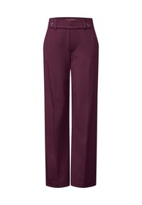 Pantaloni bordeaux con una texture liscia, vita alta, due bottoni e gamba ampia; design sartoriale con dettagli di pence anteriori.