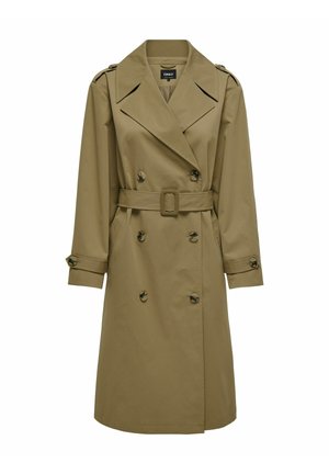 Khaki dobbelbrystet trenchcoat med bælte i taljen, store knapper og klassisk krave. Fremstillet af glat, letvægtsstof.