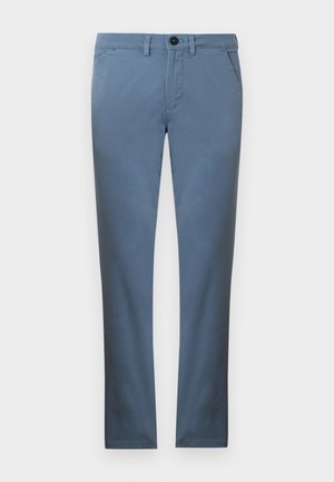 Pantalon bleu clair à jambe droite avec fermeture à bouton, devant plat et poches latérales ; fabriqué en tissu lisse et léger.