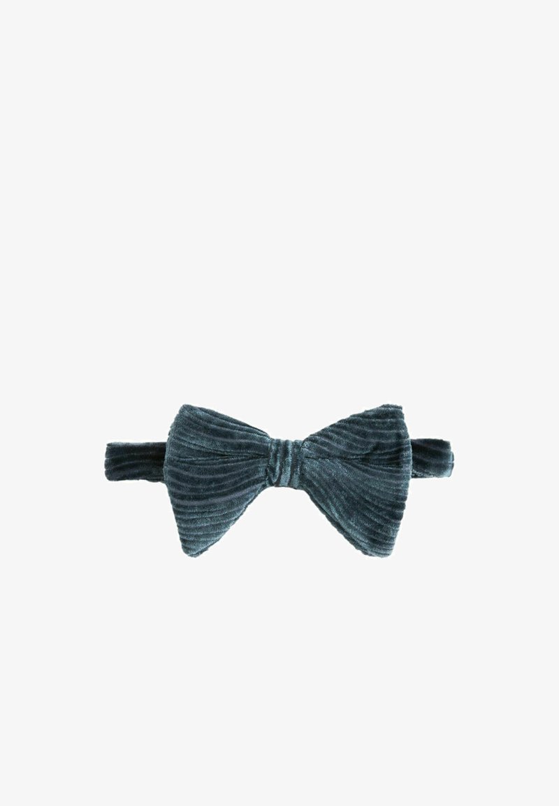 Samt-Schleife in dunklem Teal, mit geripptem Muster, zentralem Knoten und verstellbarem Band für einen sicheren Sitz.