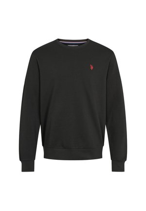Black sweatshirt made of cotton, featuring a crew neckline, ribbed cuffs, and a small red logo on the chest. Smooth texture, classic fit.