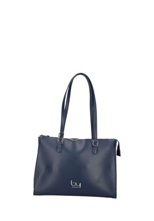 Borsa rettangolare blu navy con due spallacci, chiusura con cerniera e piccolo logo argentato al centro sul davanti.