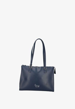 Borsa rettangolare blu navy con due spallacci, chiusura con cerniera e piccolo logo argentato al centro sul davanti.