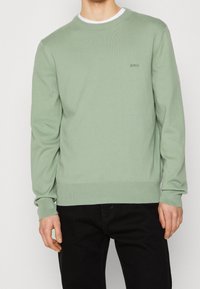 Grön stickad tröja med rund halsringning, ribbade ärmslut och nederkanter, med en liten broderad "BOSS"-logotyp på bröstet.