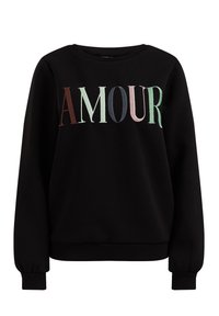 Svart sweatshirt med långa ärmar, rund halsringning, med "AMOUR" i flerfärgade broderade bokstäver. Mjuk textur med ribbad mudd.
