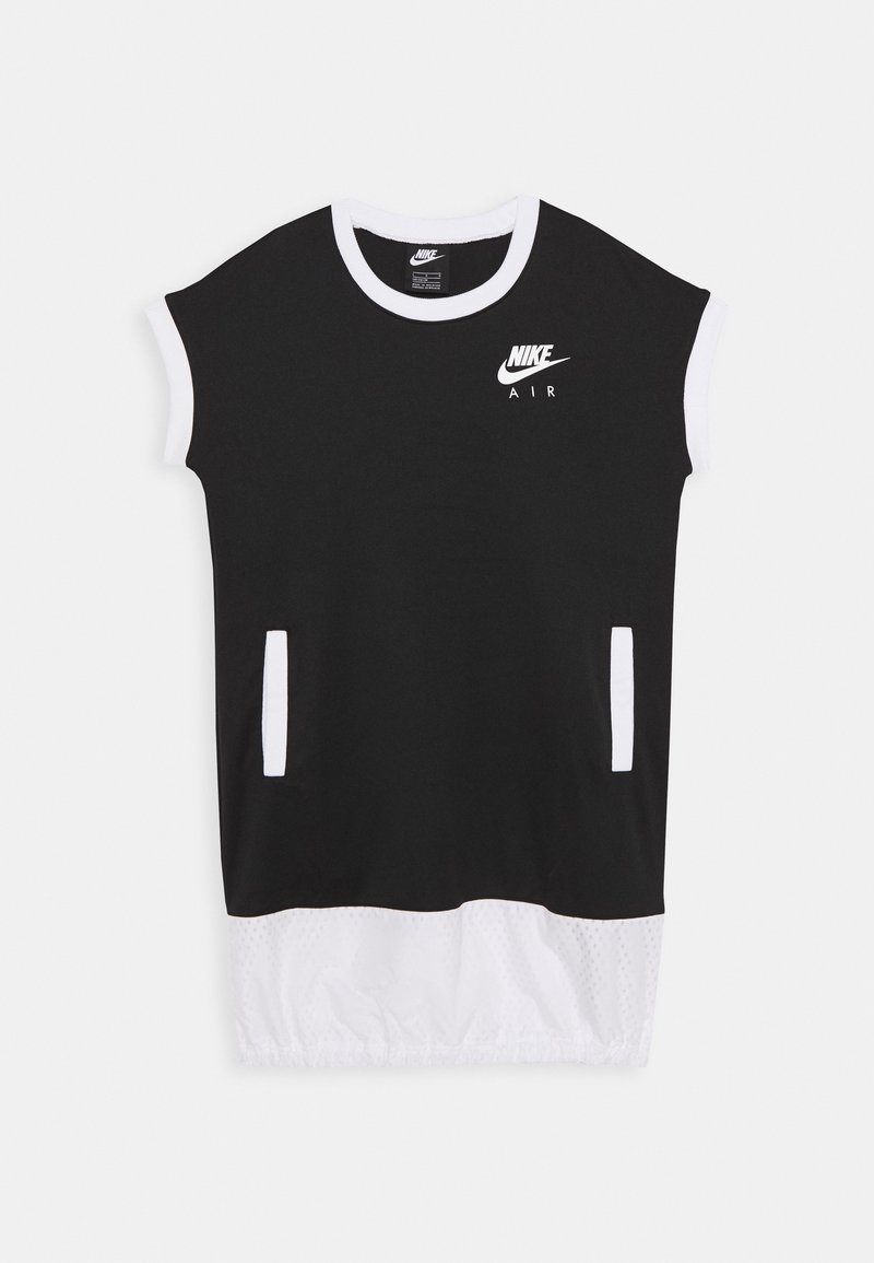 Schwarzes Nike Air Kleid mit kurzen Ärmeln, weißem Kragen, zwei seitlichen Taschen und einem strukturierten weißen Saum für zusätzliche Details.