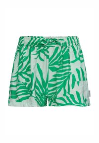 Shorts verdi e bianchi con un motivo a foglia di palma, vita elastica con cordoncino di regolazione e tasche laterali. Tessuto leggero.
